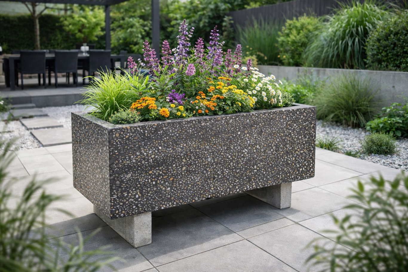 Betontrog Steinbeet mit bunten Blumen und grünen Pflanzen in einem modernen Garten.