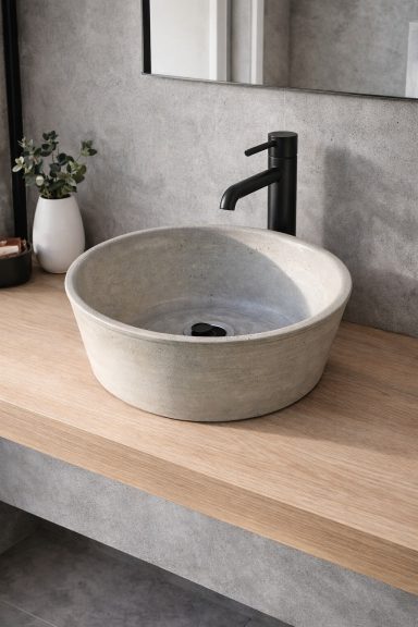 Runder, hellgrauer Waschbecken aus Beton auf einem Holztisch mit schwarzem Wasserhahn.