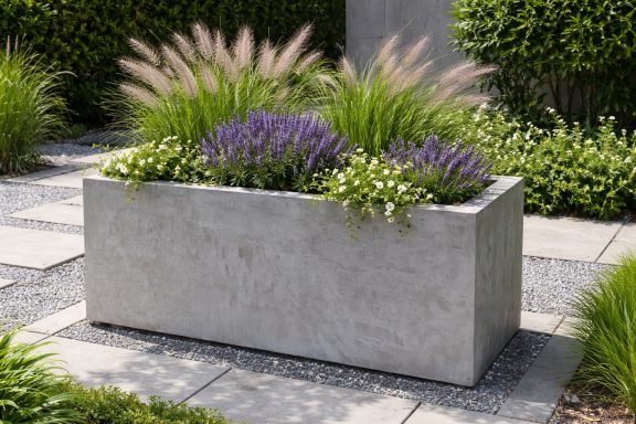 Betonpflanzgefäß mit lila Blumen und grünem Gras, umgeben von Kieswegen.