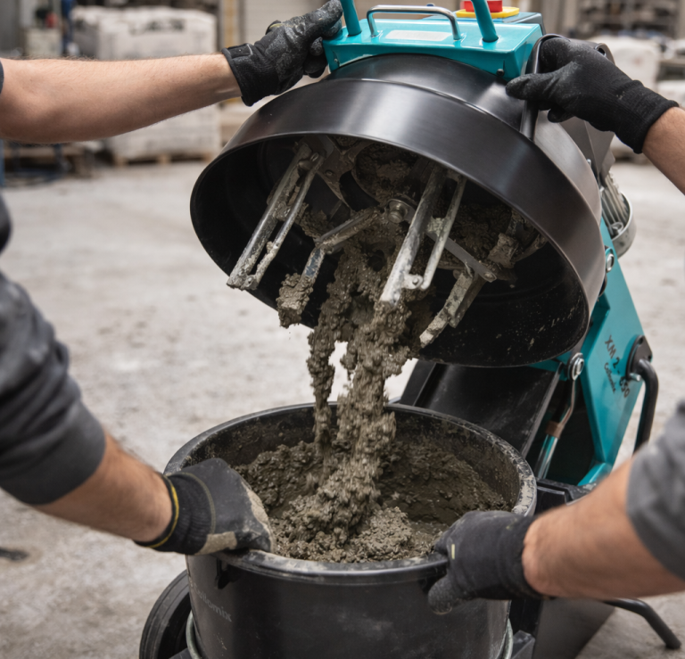 Ein Bauarbeiter schüttet frischen Beton aus einer Mischmaschine in einen Eimer.