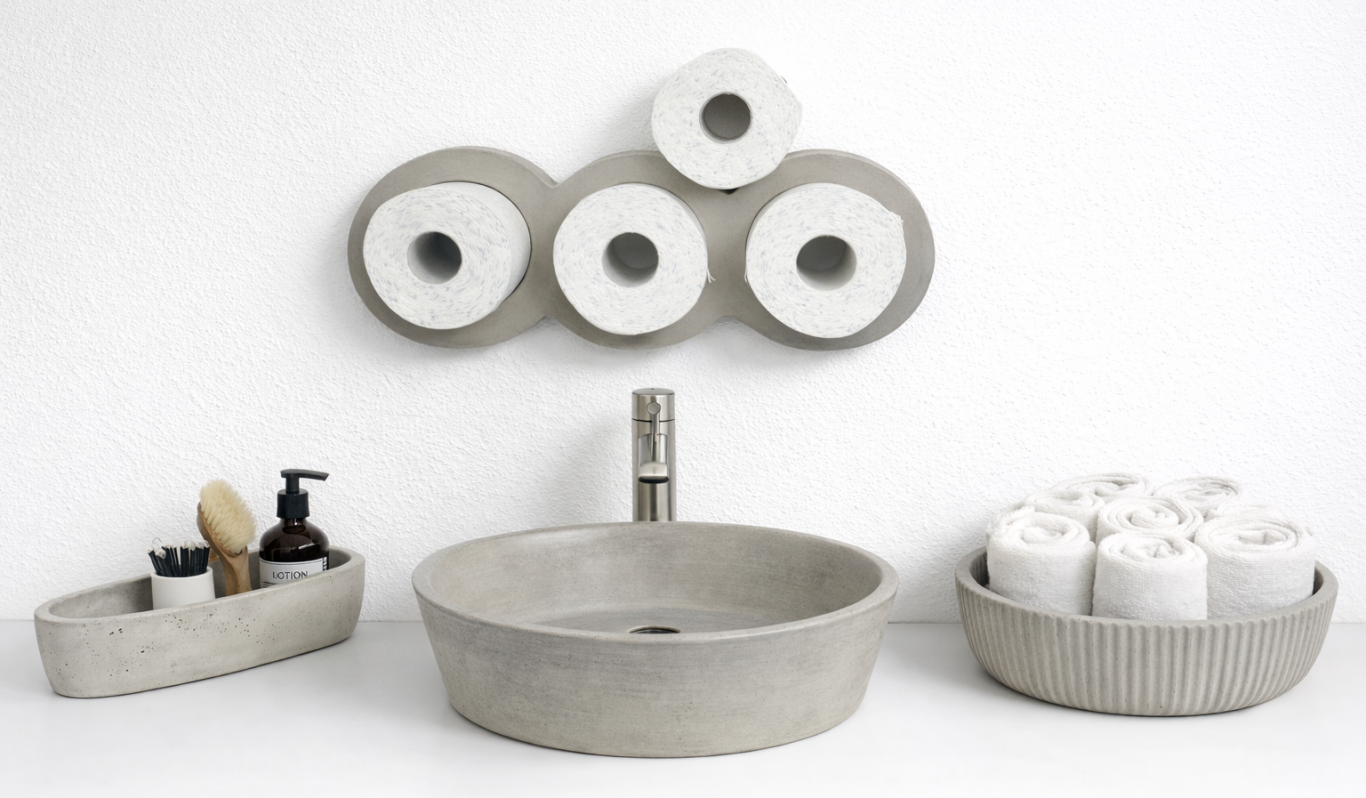 Elegantes Badezimmer-Setup mit betonstrukturierten Waschbecken und Aufbewahrung.