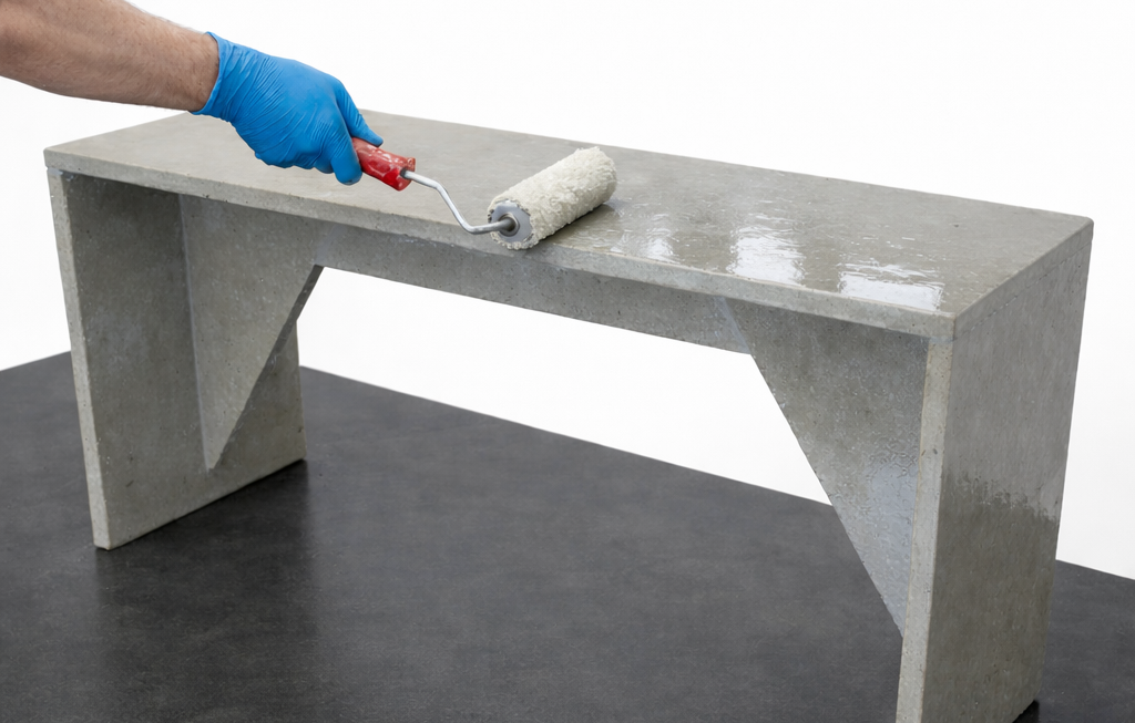 Eine Hand mit einem Farbroller streicht eine Betontischplatte.