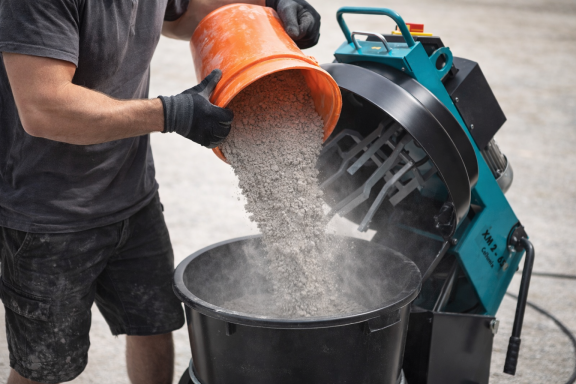 Jemand gießt Material aus einem Eimer in einen Betonmischer.