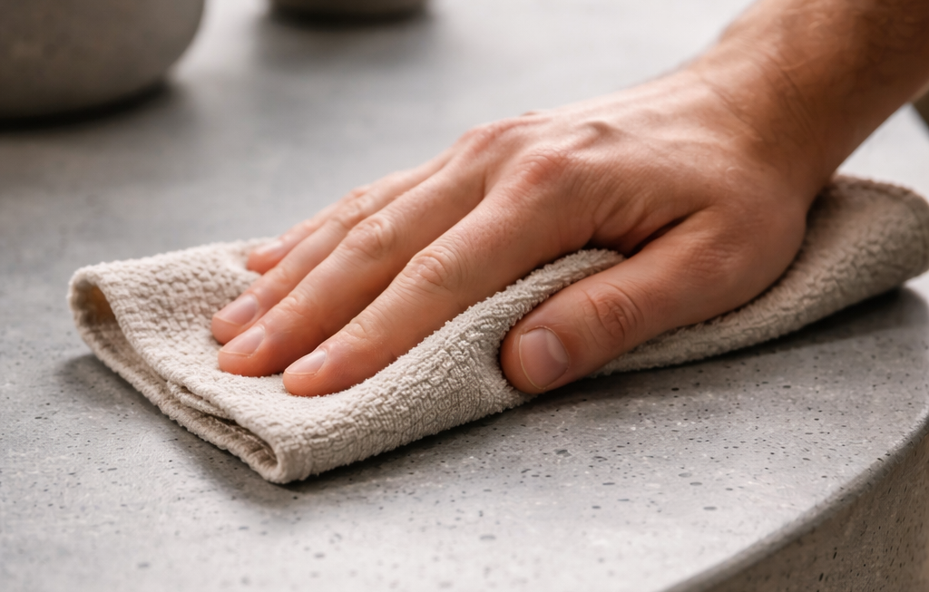 Eine Hand wischt mit einem Tuch über eine glatte, graue Oberfläche.