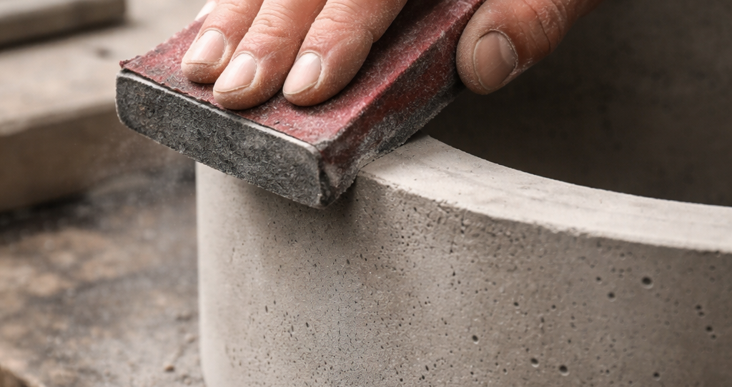 Ein Handwerker glättet mit einem Schleifblock eine betongegossene Oberfläche.